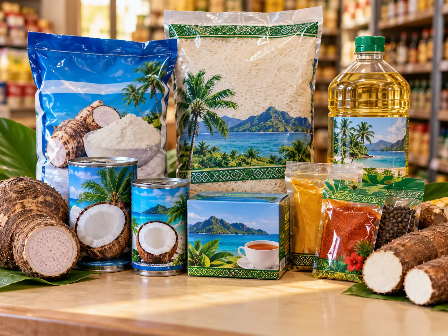 Fijian pantry groceries with packaged rice, flour, tea, spices, coconut milk, cassava and dalo