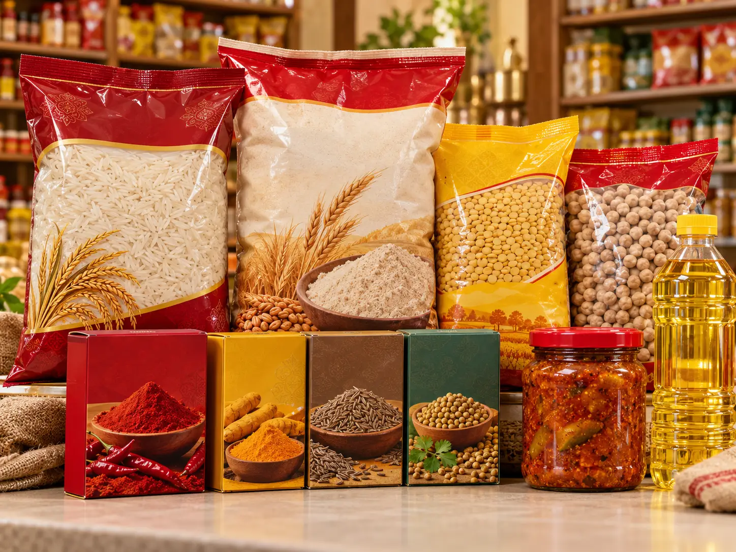 Packaged Indian groceries including basmati rice, atta flour, lentils, spices, pickles and cooking oil