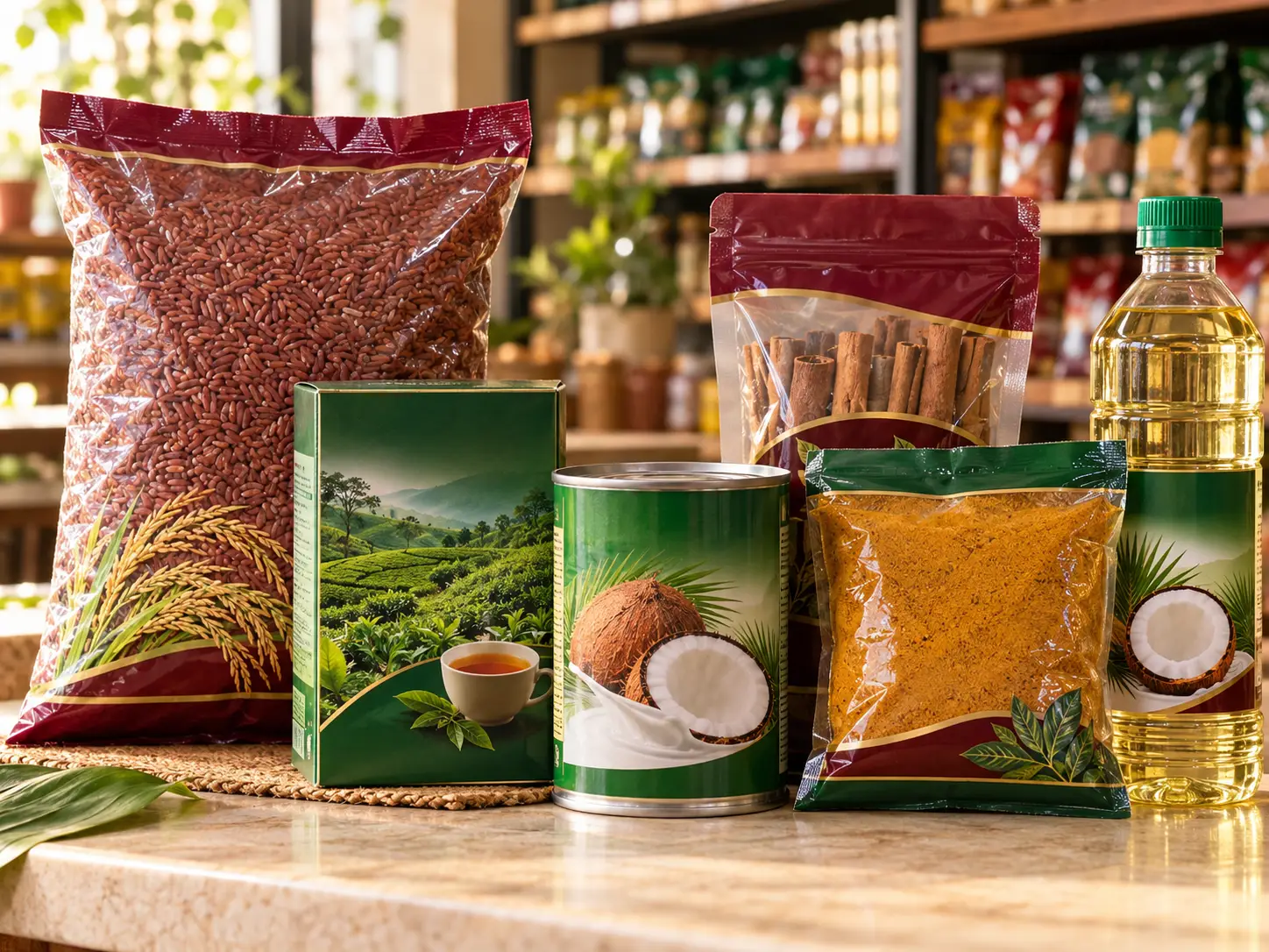 Packaged Sri Lankan groceries including red rice, Ceylon tea, coconut milk, cinnamon and curry powder
